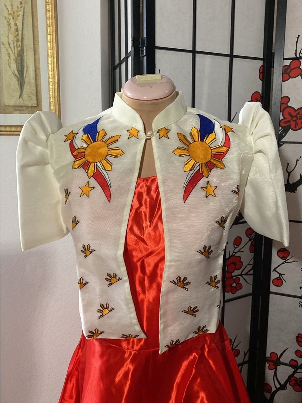 Filipiniana Pina Beige Bolero with Sunburst “Sinag” Motif Set with Red dress